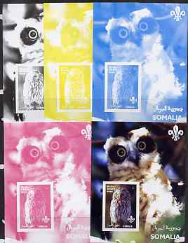 Somalia 2002 Owls #2 s/sheet with Scouts Logo, the set of 5 imperf progressive proofs comprising the 4 individual colours plus all 4-colour composite, unmounted mint , stamps on , stamps on  stamps on birds, stamps on  stamps on birds of prey, stamps on  stamps on scouts, stamps on  stamps on owls