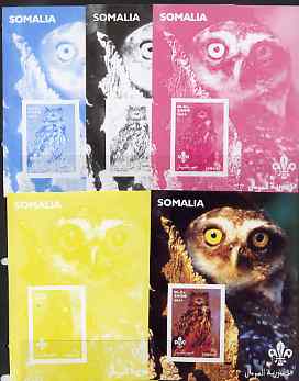 Somalia 2002 Owls #3 s/sheet with Scouts Logo, the set of 5 imperf progressive proofs comprising the 4 individual colours plus all 4-colour composite, unmounted mint , stamps on , stamps on  stamps on birds, stamps on  stamps on birds of prey, stamps on  stamps on scouts, stamps on  stamps on owls