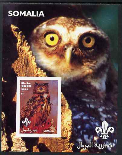 Somalia 2002 Owls #3 imperf s/sheet with Scouts Logo, unmounted mint, stamps on , stamps on  stamps on birds, stamps on  stamps on birds of prey, stamps on  stamps on scouts, stamps on  stamps on owls