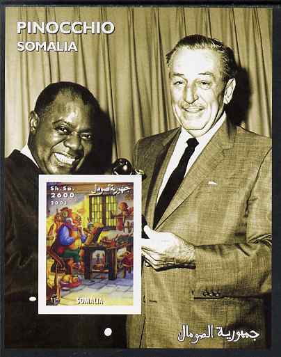 Somalia 2001 Pinocchio & Walt Disney #8 imperf s/sheet with Louis Armstrong unmounted mint. Note this item is privately produced and is offered purely on its thematic appeal, stamps on personalities, stamps on movies, stamps on cinema, stamps on films, stamps on disney, stamps on cartoons, stamps on jazz