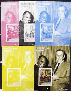 Somalia 2001 Pinocchio & Walt Disney #8 s/sheet with Louis Armstrong, the set of 5 imperf progressive proofs comprising the 4 individual colours plus all 4-colour composite, unmounted mint , stamps on , stamps on  stamps on personalities, stamps on  stamps on movies, stamps on  stamps on cinema, stamps on  stamps on films, stamps on  stamps on disney, stamps on  stamps on cartoons, stamps on  stamps on jazz