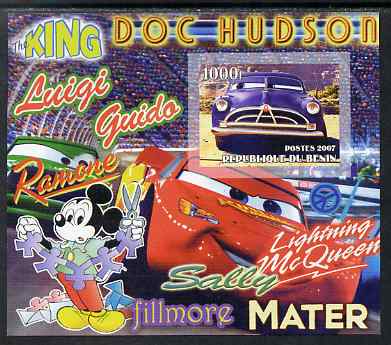 Benin 2007 Disneys Lightning McQueen #8 imperf m/sheet showing Doc Hudson (head-on) unmounted mint, stamps on disney, stamps on films, stamps on cinema, stamps on movies, stamps on cartoons, stamps on cars