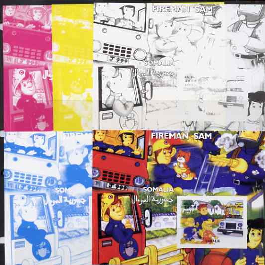 Somalia 2001 Fireman Sam #1 s/sheet, the set of 5 imperf progressive proofs comprising the 4 individual colours plus all 4-colour composite, unmounted mint , stamps on , stamps on  stamps on fire
