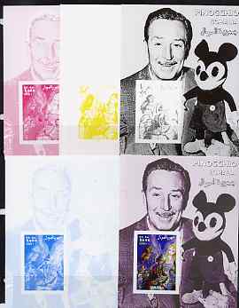 Somalia 2001 Pinocchio & Walt Disney #3 s/sheet, the set of 5 imperf progressive proofs comprising the 4 individual colours plus all 4-colour composite, unmounted mint , stamps on , stamps on  stamps on personalities, stamps on  stamps on movies, stamps on  stamps on cinema, stamps on  stamps on films, stamps on  stamps on disney, stamps on  stamps on cartoons