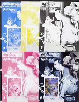 Somalia 2001 Pinocchio & Walt Disney #5 s/sheet, the set of 5 imperf progressive proofs comprising the 4 individual colours plus all 4-colour composite, unmounted mint , stamps on personalities, stamps on movies, stamps on cinema, stamps on films, stamps on disney, stamps on cartoons