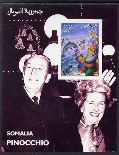 Somalia 2001 Pinocchio & Walt Disney #7 imperf s/sheet, unmounted mint. Note this item is privately produced and is offered purely on its thematic appeal , stamps on , stamps on  stamps on personalities, stamps on  stamps on movies, stamps on  stamps on cinema, stamps on  stamps on films, stamps on  stamps on disney, stamps on  stamps on cartoons, stamps on  stamps on dolphins