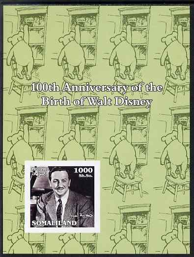 Somaliland 2002 Birth Centenary of Walt Disney #01 imperf m/sheet (green background with Winnie the Pooh) unmounted mint, stamps on films, stamps on cinema, stamps on disney, stamps on personalities, stamps on pooh, stamps on bears, stamps on honey