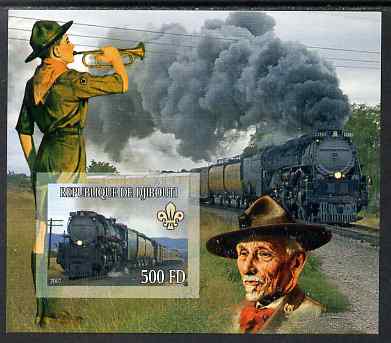 Djibouti 2007 Steam Trains #2 imperf m/sheet with Scouts in background unmounted mint, stamps on railways, stamps on scouts