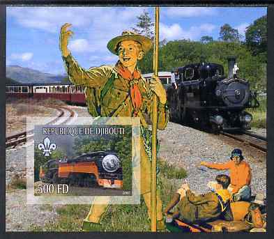 Djibouti 2007 Steam Trains #4 imperf m/sheet with Scouts in background unmounted mint, stamps on railways, stamps on scouts