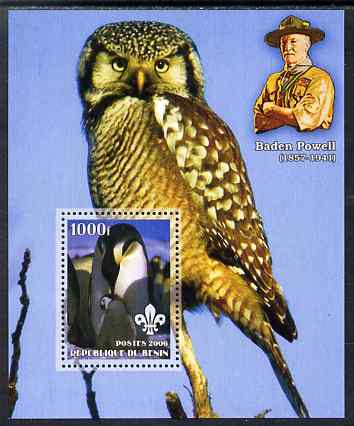 Benin 2006 Penguins #2 (with Olws & Baden Powell in background) perf m/sheet unmounted mint, stamps on birds, stamps on penguins, stamps on scouts, stamps on owls, stamps on birds of prey