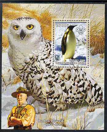 Benin 2006 Penguins #4 (with Olws & Baden Powell in background) perf m/sheet unmounted mint, stamps on , stamps on  stamps on birds, stamps on  stamps on penguins, stamps on  stamps on scouts, stamps on  stamps on owls, stamps on  stamps on birds of prey