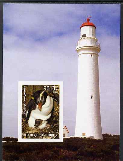Djibouti 2004 Penguins #1 (Lighthouse in background) imperf m/sheet unmounted mint, stamps on , stamps on  stamps on lighthouses, stamps on  stamps on birds, stamps on  stamps on penguins, stamps on  stamps on polar