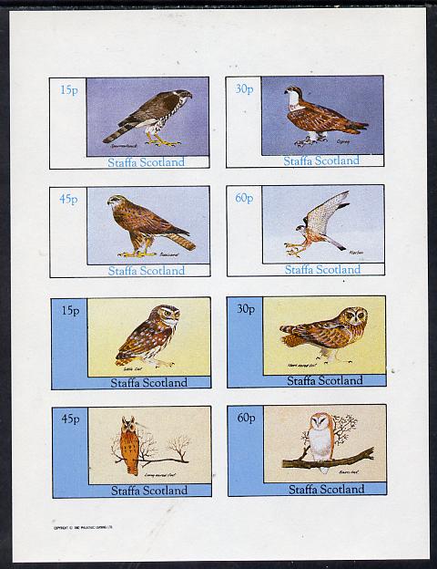 Staffa 1982 Birds of Prey #06 (Sparrow Hawk, Buzzard, Barn Owl etc) imperf  set of 8 values (15p to 60p) unmounted mint, stamps on , stamps on  stamps on birds, stamps on  stamps on owls, stamps on  stamps on birds of prey, stamps on  stamps on osprey, stamps on  stamps on buzzard, stamps on  stamps on hawks, stamps on  stamps on merlin