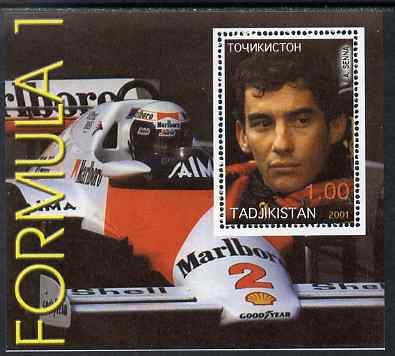 Tadjikistan 2001 Formula 1 perf s/sheet showing Ayrton Senna unmounted mint, stamps on , stamps on  stamps on cars, stamps on  stamps on personalities, stamps on  stamps on racing cars, stamps on  stamps on formula 1, stamps on  stamps on  f1 , stamps on  stamps on cigarettes, stamps on  stamps on tobacco, stamps on  stamps on 