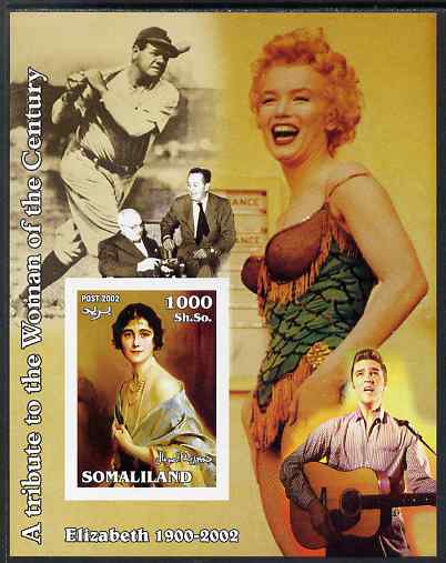 Somaliland 2002 A Tribute to the Woman of the Century #01 - The Queen Mother imperf m/sheet also showing Marilyn, Elvis, Walt Disney & Babe Ruth, unmounted mint, stamps on royalty, stamps on baseball, stamps on queen mother, stamps on women, stamps on marilyn monroe, stamps on films, stamps on cinema, stamps on elvis, stamps on disney, stamps on personalities