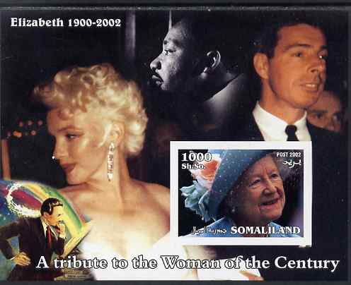 Somaliland 2002 A Tribute to the Woman of the Century #04 - The Queen Mother imperf m/sheet also showing Martin Luther King, Walt Disney, Marilyn & Joe Dimaggio, unmounte..., stamps on royalty, stamps on women, stamps on films, stamps on cinema, stamps on disney, stamps on marilyn monroe, stamps on queen mother, stamps on human rights, stamps on baseball, stamps on personalities