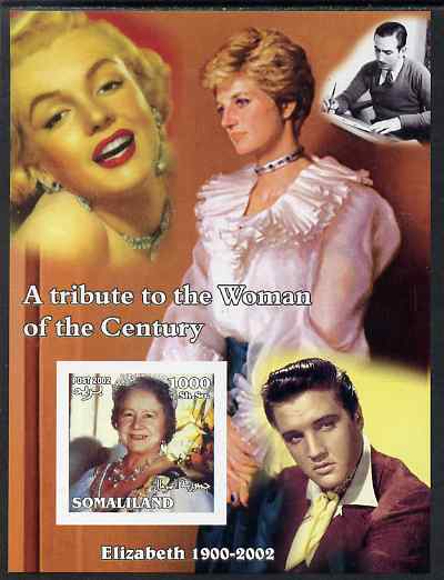 Somaliland 2002 A Tribute to the Woman of the Century #07 - The Queen Mother imperf m/sheet also showing Walt Disney, Diana, Marilyn & Elvis, unmounted mint. Note this item is privately produced and is offered purely on its thematic appeal, stamps on royalty, stamps on queen mother, stamps on women, stamps on marilyn monroe, stamps on films, stamps on cinema, stamps on elvis, stamps on disney, stamps on personalities, stamps on diana