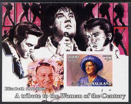 Somaliland 2002 A Tribute to the Woman of the Century #12 - The Queen Mother imperf m/sheet also showing Walt Disney & Elvis, unmounted mint. Note this item is privately produced and is offered purely on its thematic appeal, stamps on , stamps on  stamps on royalty, stamps on  stamps on queen mother, stamps on  stamps on women, stamps on  stamps on films, stamps on  stamps on cinema, stamps on  stamps on elvis, stamps on  stamps on disney, stamps on  stamps on personalities