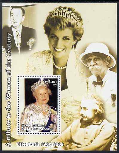 Westpoint Island (Falkland Islands) 2002 A Tribute to the Woman of the Century #1 Queen Mother perf souvenir sheet unmounted mint (Also shows Diana, Einstein, Walt Disney & Akbert Schweitzer). Note this item is privately produced and is offered purely on its thematic appeal, it has no postal validity, stamps on , stamps on  stamps on royalty, stamps on  stamps on diana, stamps on  stamps on queen mother, stamps on  stamps on women, stamps on  stamps on films, stamps on  stamps on cinema, stamps on  stamps on disney, stamps on  stamps on personalities, stamps on  stamps on peace, stamps on  stamps on nobel, stamps on  stamps on music, stamps on  stamps on religion, stamps on  stamps on einstein, stamps on  stamps on science, stamps on  stamps on physics, stamps on  stamps on nobel, stamps on  stamps on maths, stamps on  stamps on space, stamps on  stamps on judaica, stamps on  stamps on atomics