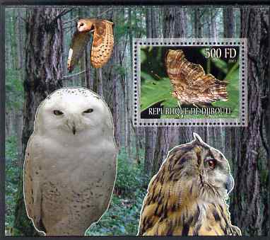 Djibouti 2007 Butterflies & Owls #1 perf s/sheet unmounted mint, stamps on butterflies, stamps on owls, stamps on birds, stamps on birds of prey