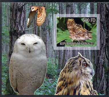 Djibouti 2007 Butterflies & Owls #1 imperf s/sheet unmounted mint, stamps on butterflies, stamps on owls, stamps on birds, stamps on birds of prey