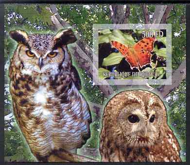 Djibouti 2007 Butterflies & Owls #2 imperf s/sheet unmounted mint, stamps on butterflies, stamps on owls, stamps on birds, stamps on birds of prey