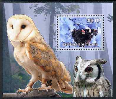 Djibouti 2007 Butterflies & Owls #3 perf s/sheet unmounted mint, stamps on butterflies, stamps on owls, stamps on birds, stamps on birds of prey