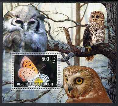 Djibouti 2007 Butterflies & Owls #4 perf s/sheet unmounted mint, stamps on , stamps on  stamps on butterflies, stamps on  stamps on owls, stamps on  stamps on birds, stamps on  stamps on birds of prey