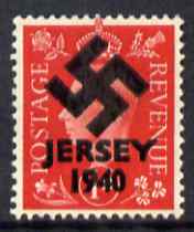 Jersey 1940 Swastika opt on Great Britain KG6 1d scarlet - a copy of the overprint on a genuine stamp with forgery handstamped on the back, unmounted mint in presentation folder.  Note this value was not overprinted by the Germans but is included here for interest, stamps on , stamps on  stamps on forgery, stamps on  stamps on  kg6 , stamps on  stamps on  ww2 , stamps on  stamps on 