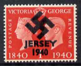 Jersey 1940 Swastika opt on Great Britain KG6 Centenary 1d - a copy of the overprint on a genuine stamp with forgery handstamped on the back, unmounted mint on presentation card.  Note this value was not overprinted by the Germans but is included here for interest, stamps on , stamps on  stamps on forgery, stamps on  stamps on  kg6 , stamps on  stamps on  ww2 , stamps on  stamps on 