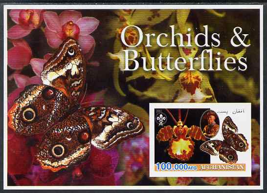 Afghanistan 2003 Orchids & Butterflies (with baden Powell) imperf souvenir sheet unmounted mint, stamps on , stamps on  stamps on flowers, stamps on  stamps on orchids, stamps on  stamps on butterflies, stamps on  stamps on scouts, stamps on  stamps on 