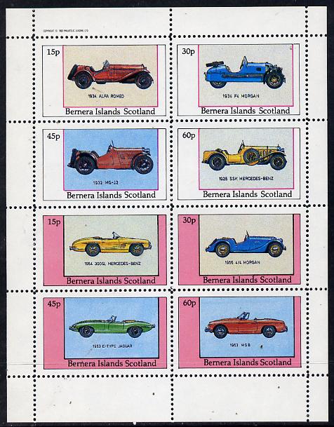 Bernera 1982 Sports Cars (1934 Alfa Romeo, Morgan, MG-12, etc) perf  set of 8 values (15p to 60p) unmounted mint, stamps on , stamps on  stamps on cars     sport    alfa romeo     mgb   morgan       mercedes    jaguar, stamps on  stamps on  mg , stamps on  stamps on 