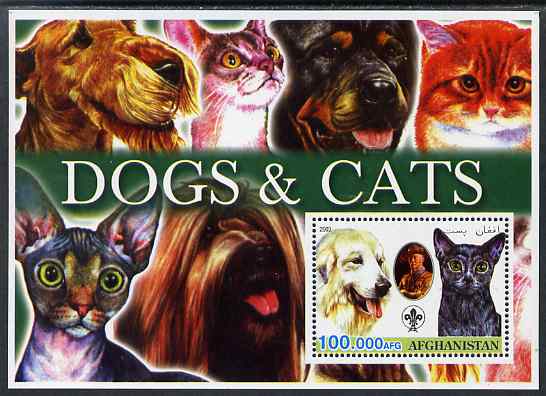 Afghanistan 2003 Dogs & Cats #1 perf m/sheet with Baden Powell & Scout Logo unmounted mint, stamps on dogs, stamps on cats, stamps on scouts