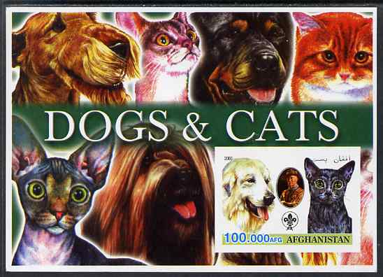 Afghanistan 2003 Dogs & Cats #1 imperf m/sheet with Baden Powell & Scout Logo unmounted mint, stamps on dogs, stamps on cats, stamps on scouts