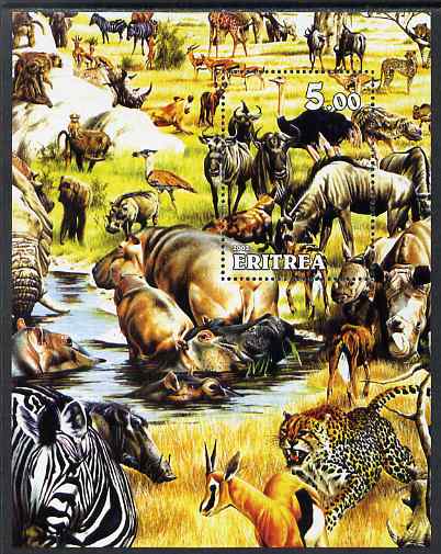 Eritrea 2002 African Wildlife #2 composite perf m/sheet unmounted mint, stamps on animals, stamps on hippos, stamps on elephants, stamps on zebras, stamps on cats, stamps on zebra