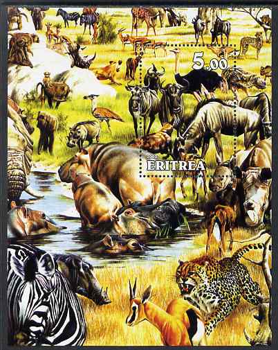 Eritrea 2002 African Wildlife #2 composite perf m/sheet unmounted mint, stamps on , stamps on  stamps on animals, stamps on  stamps on hippos, stamps on  stamps on elephants, stamps on  stamps on zebras, stamps on  stamps on cats, stamps on  stamps on zebra