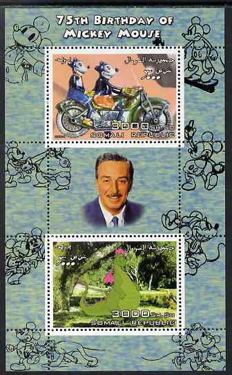 Somalia 2004 75th Birthday of Mickey Mouse #21 - Motorcycle & Dragon perf sheetlet containing 2 values plus label, unmounted mint, stamps on disney, stamps on motorbikes, stamps on dragons
