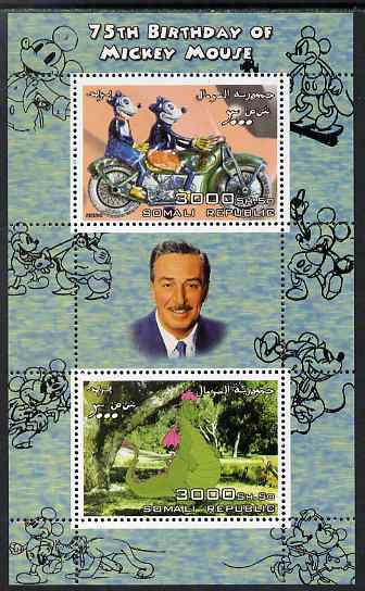 Somalia 2004 75th Birthday of Mickey Mouse #21 - Motorcycle & Dragon perf sheetlet containing 2 values plus label, unmounted mint, stamps on , stamps on  stamps on disney, stamps on  stamps on motorbikes, stamps on  stamps on dragons