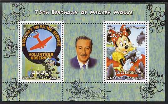 Somalia 2004 75th Birthday of Mickey Mouse #24 - Volunteer Observer & Photographer perf sheetlet containing 2 values plus label, unmounted mint, stamps on , stamps on  stamps on disney, stamps on  stamps on aviation, stamps on  stamps on cameras, stamps on  stamps on photography