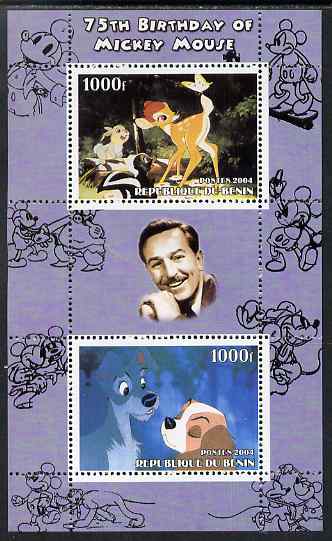 Benin 2004 75th Birthday of Mickey Mouse - Lady & the Tramp perf sheetlet containing 2 values plus label, unmounted mint, stamps on , stamps on  stamps on disney, stamps on  stamps on films, stamps on  stamps on movies, stamps on  stamps on cinema