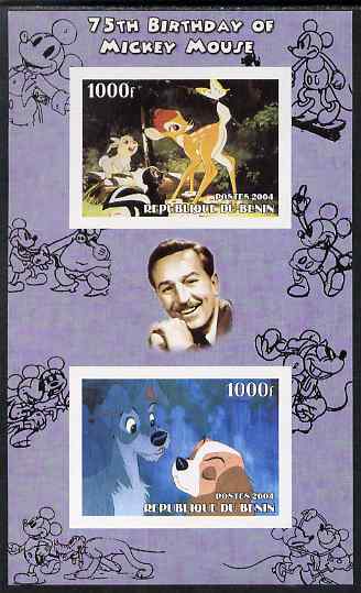 Benin 2004 75th Birthday of Mickey Mouse - Lady & the Tramp imperf sheetlet containing 2 values plus label, unmounted mint, stamps on , stamps on  stamps on disney, stamps on  stamps on films, stamps on  stamps on movies, stamps on  stamps on cinema