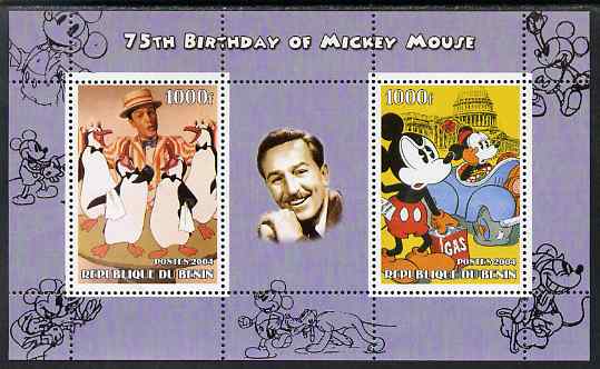 Benin 2004 75th Birthday of Mickey Mouse - Penguins from Mary Poppins & Mickey in Oil Crisis perf sheetlet containing 2 values plus label, unmounted mint, stamps on , stamps on  stamps on disney, stamps on  stamps on films, stamps on  stamps on movies, stamps on  stamps on cinema, stamps on  stamps on penguins, stamps on  stamps on films, stamps on  stamps on cinema, stamps on  stamps on  oil , stamps on  stamps on 