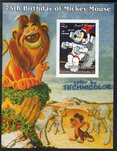 Somalia 2004 75th Birthday of Mickey Mouse #16 - Space & Lion imperf m/sheet unmounted mint. Note this item is privately produced and is offered purely on its thematic ap..., stamps on disney, stamps on personalities, stamps on films, stamps on cinema, stamps on space, stamps on lions, stamps on sheep