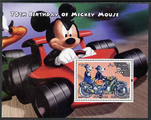 Somalia 2004 75th Birthday of Mickey Mouse #19 - Motorcycle perf m/sheet unmounted mint, stamps on disney, stamps on personalities, stamps on films, stamps on cinema, stamps on motorbikes, stamps on cars