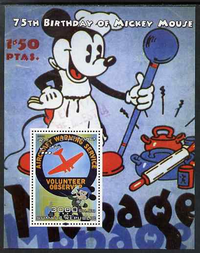 Somalia 2004 75th Birthday of Mickey Mouse #20 - Volunteer Observer perf m/sheet unmounted mint, stamps on disney, stamps on personalities, stamps on films, stamps on cinema, stamps on aviation