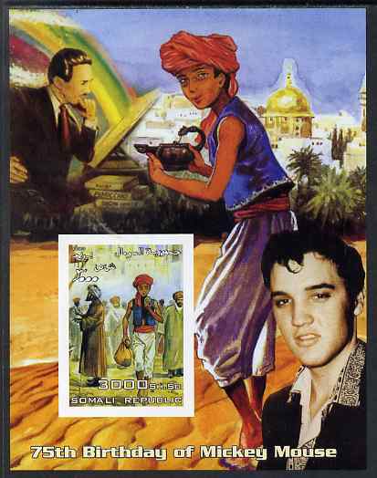 Somalia 2003 75th Birthday of Mickey Mouse #9 - Aladdin with Elvis imperf s/sheet unmounted mint. Note this item is privately produced and is offered purely on its thematic appeal, stamps on , stamps on  stamps on disney, stamps on  stamps on personalities, stamps on  stamps on films, stamps on  stamps on cinema, stamps on  stamps on elvis, stamps on  stamps on music, stamps on  stamps on rock