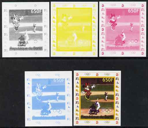Benin 2007 Baseball #08 deluxe sheet with Olympic Rings & Disney Character, the set of 5 imperf progressive proofs comprising the 4 individual colours plus all 4-colour c..., stamps on sport, stamps on olympics, stamps on disney, stamps on baseball
