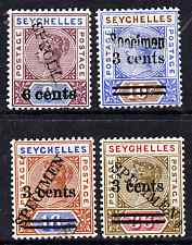 Seychelles 1901 QV Surcharge set of 4 handstamped SPECIMEN, unusually fresh and very lightly mounted, SG 37s-40s, stamps on 