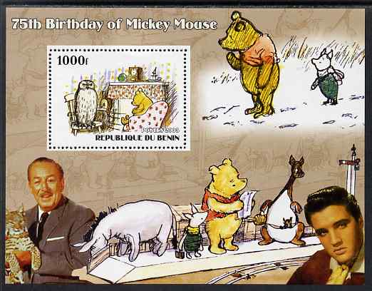 Benin 2003 75th Birthday of Mickey Mouse - Winnie the Pooh #1 (also shows Elvis & Walt Disney) perf m/sheet unmounted mint, stamps on personalities, stamps on movies, stamps on films, stamps on cinema, stamps on fairy tales, stamps on elvis, stamps on disney, stamps on bears, stamps on owls