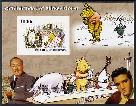 Benin 2003 75th Birthday of Mickey Mouse - Winnie the Pooh #1 (also shows Elvis & Walt Disney) imperf m/sheet unmounted mint, stamps on , stamps on  stamps on personalities, stamps on  stamps on movies, stamps on  stamps on films, stamps on  stamps on cinema, stamps on  stamps on fairy tales, stamps on  stamps on elvis, stamps on  stamps on disney, stamps on  stamps on bears, stamps on  stamps on owls